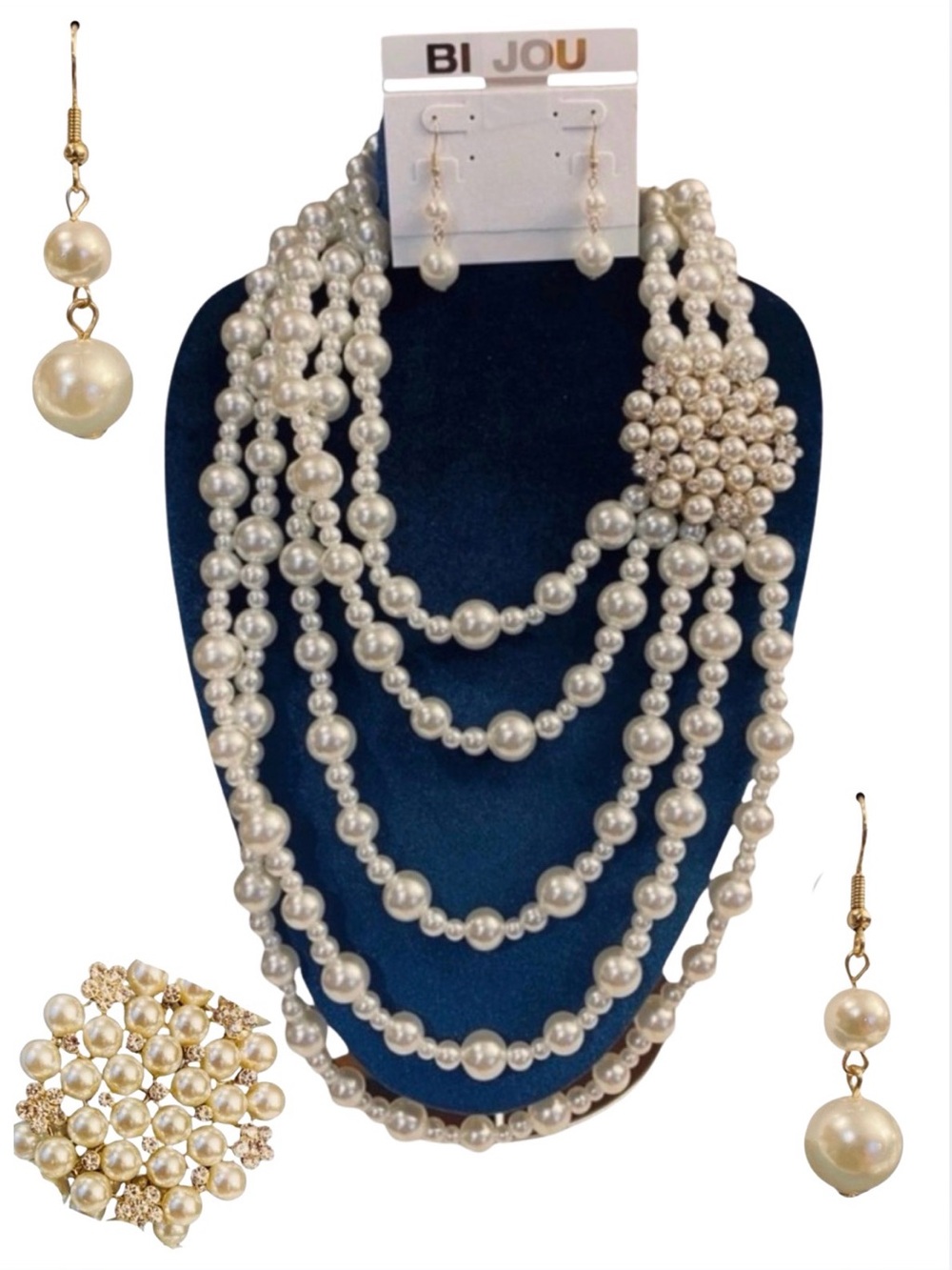 BIJOU Long Multilayered Faux Pearl Flapper Necklace w/Crystal Brooch, NWT - Picture 7 of 17